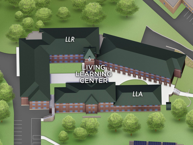 Illustrated map of Living Learning Center with LLR and LLA residence wings around central courtyard.